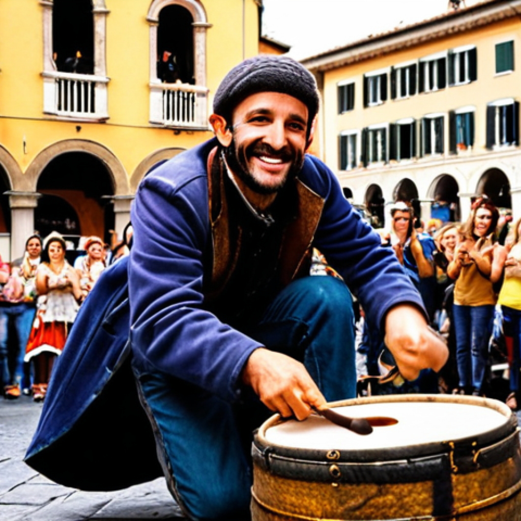 **

"A vibrant street performer playing a makeshift musical instrument made from recycled materials like old barrels and tires. A diverse crowd surrounds the performer, smiling and engaged. Capture the energy of a lively Italian piazza with classic architecture in the background. Focus on bright colors and a joyful atmosphere, emphasizing the performer's creativity and resourcefulness."

**