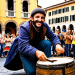 **

"A vibrant street performer playing a makeshift musical instrument made from recycled materials like old barrels and tires. A diverse crowd surrounds the performer, smiling and engaged. Capture the energy of a lively Italian piazza with classic architecture in the background. Focus on bright colors and a joyful atmosphere, emphasizing the performer's creativity and resourcefulness."

**