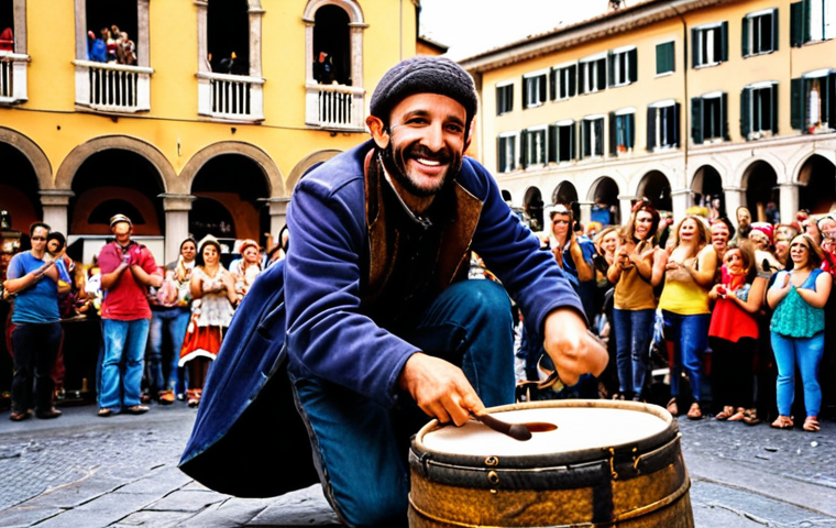 **

"A vibrant street performer playing a makeshift musical instrument made from recycled materials like old barrels and tires. A diverse crowd surrounds the performer, smiling and engaged. Capture the energy of a lively Italian piazza with classic architecture in the background. Focus on bright colors and a joyful atmosphere, emphasizing the performer's creativity and resourcefulness."

**