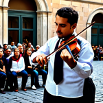 Home 16 A talented street musician performing a captivating melody on a violin in a bustling, historic Italian piazza. The artist is a person of ambiguous gender, in a natural pose, fully clothed in modest, professional performance attire, such as a neat shirt and trousers, or a tasteful dress, appropriate for public performance. Surrounding them, a diverse and respectful crowd of fully clothed individuals of various ages are gathered, captivated by the music. The background features ancient stone buildings with intricate architectural details, cobblestone streets, and warm, golden hour lighting. The atmosphere is vibrant, authentic, and creates a powerful connection with the audience, transforming the urban space into a beautiful, impromptu concert venue. perfect anatomy, correct proportions, natural body proportions, well-formed hands, proper finger count, safe for work, appropriate content, fully clothed, family-friendly, high-quality professional photography, detailed, realistic, vibrant colors, shallow depth of field.