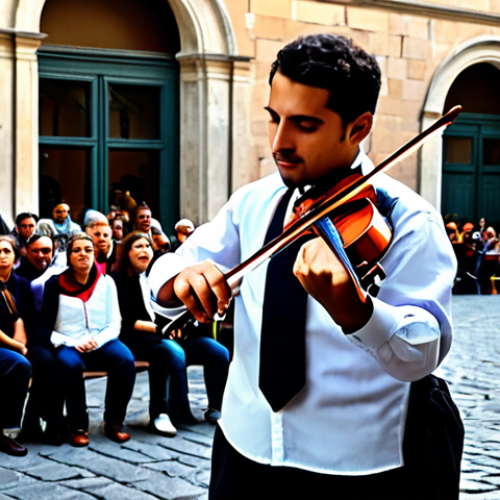 Home 28 A talented street musician performing a captivating melody on a violin in a bustling, historic Italian piazza. The artist is a person of ambiguous gender, in a natural pose, fully clothed in modest, professional performance attire, such as a neat shirt and trousers, or a tasteful dress, appropriate for public performance. Surrounding them, a diverse and respectful crowd of fully clothed individuals of various ages are gathered, captivated by the music. The background features ancient stone buildings with intricate architectural details, cobblestone streets, and warm, golden hour lighting. The atmosphere is vibrant, authentic, and creates a powerful connection with the audience, transforming the urban space into a beautiful, impromptu concert venue. perfect anatomy, correct proportions, natural body proportions, well-formed hands, proper finger count, safe for work, appropriate content, fully clothed, family-friendly, high-quality professional photography, detailed, realistic, vibrant colors, shallow depth of field.