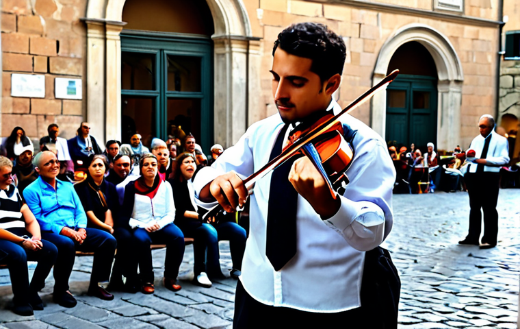 A talented street musician performing a captivating melody on a violin in a bustling, historic Italian piazza. The artist is a person of ambiguous gender, in a natural pose, fully clothed in modest, professional performance attire, such as a neat shirt and trousers, or a tasteful dress, appropriate for public performance. Surrounding them, a diverse and respectful crowd of fully clothed individuals of various ages are gathered, captivated by the music. The background features ancient stone buildings with intricate architectural details, cobblestone streets, and warm, golden hour lighting. The atmosphere is vibrant, authentic, and creates a powerful connection with the audience, transforming the urban space into a beautiful, impromptu concert venue. perfect anatomy, correct proportions, natural body proportions, well-formed hands, proper finger count, safe for work, appropriate content, fully clothed, family-friendly, high-quality professional photography, detailed, realistic, vibrant colors, shallow depth of field.