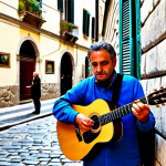 Home 14 A male street musician, fully clothed in modest, comfortable attire, playing an acoustic guitar on a charming cobblestone street in a historic Italian city. Old stone buildings with colorful shutters line the background. A small, respectful crowd of diverse people, also fully clothed, are observing from a distance. The scene is bathed in warm, soft daylight, creating an inviting and authentic atmosphere. Professional photography, high resolution, detailed, natural body proportions, correct proportions, well-formed hands, proper finger count, perfect anatomy, natural pose, safe for work, appropriate content, fully clothed, family-friendly.