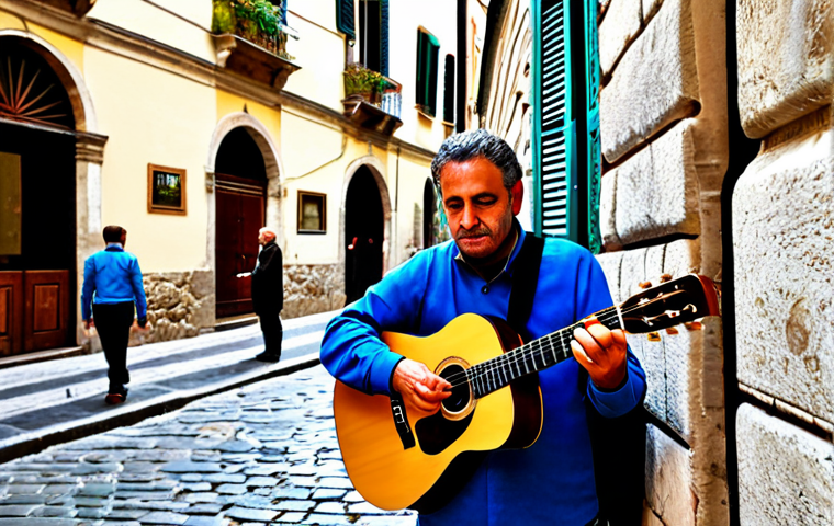 A male street musician, fully clothed in modest, comfortable attire, playing an acoustic guitar on a charming cobblestone street in a historic Italian city. Old stone buildings with colorful shutters line the background. A small, respectful crowd of diverse people, also fully clothed, are observing from a distance. The scene is bathed in warm, soft daylight, creating an inviting and authentic atmosphere. Professional photography, high resolution, detailed, natural body proportions, correct proportions, well-formed hands, proper finger count, perfect anatomy, natural pose, safe for work, appropriate content, fully clothed, family-friendly.