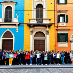Home 13 **
A vibrant street art mural in Bologna, Italy, depicting a stylized cityscape blending traditional architecture with modern elements. The mural is colorful and eye-catching, attracting the attention of a diverse group of tourists taking photos. The scene is set during a sunny day, with the focus on the mural and the engaged tourists. Fully clothed, appropriate attire, safe for work, perfect anatomy, natural proportions, professional photography, high quality, family-friendly.
**