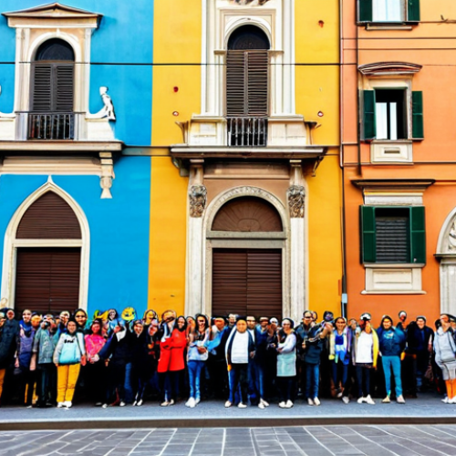 Home 25 **
A vibrant street art mural in Bologna, Italy, depicting a stylized cityscape blending traditional architecture with modern elements. The mural is colorful and eye-catching, attracting the attention of a diverse group of tourists taking photos. The scene is set during a sunny day, with the focus on the mural and the engaged tourists. Fully clothed, appropriate attire, safe for work, perfect anatomy, natural proportions, professional photography, high quality, family-friendly.
**