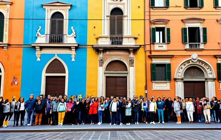 **

A vibrant street art mural in Bologna, Italy, depicting a stylized cityscape blending traditional architecture with modern elements. The mural is colorful and eye-catching, attracting the attention of a diverse group of tourists taking photos. The scene is set during a sunny day, with the focus on the mural and the engaged tourists. Fully clothed, appropriate attire, safe for work, perfect anatomy, natural proportions, professional photography, high quality, family-friendly.

**