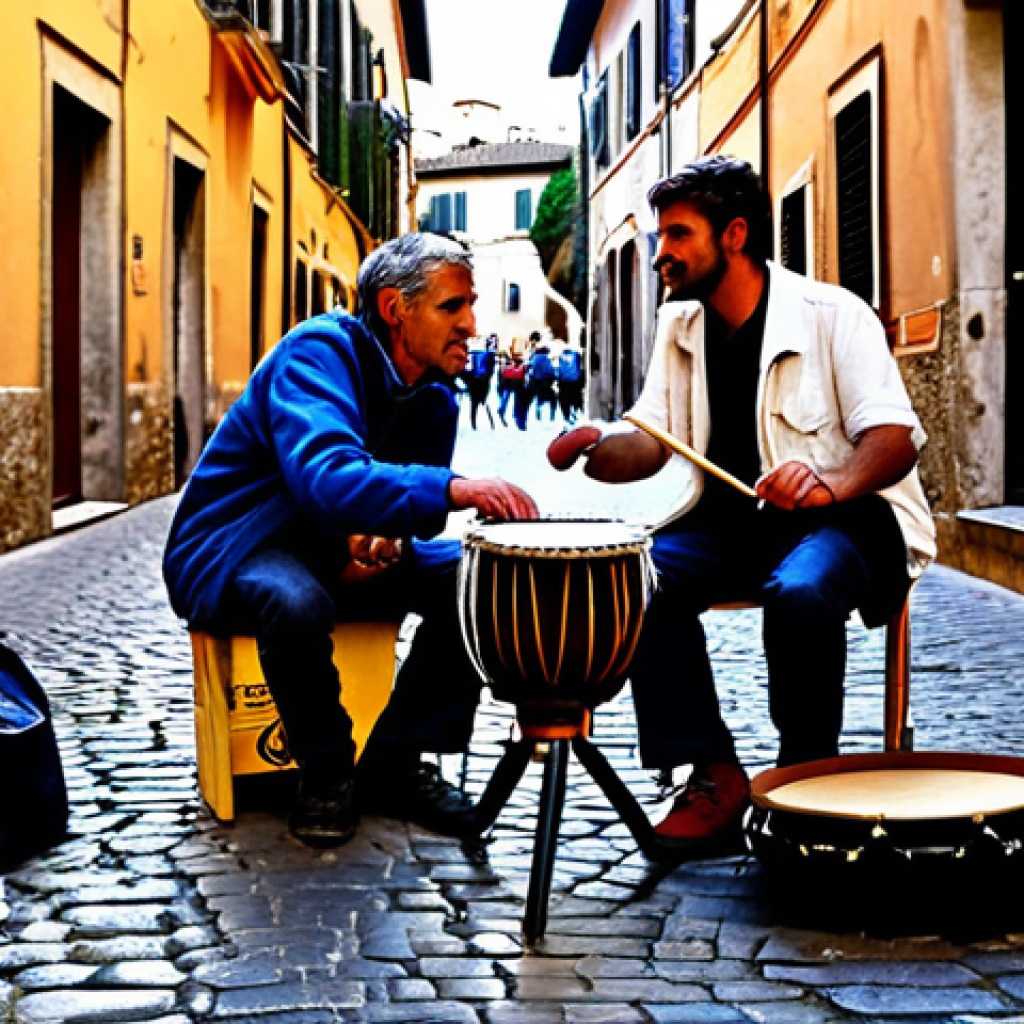 Street Performance in Trastevere**
"A group of street musicians in Trastevere, Rome, playing percussion instruments made from recycled materials, fully clothed in casual, appropriate attire, safe for work, family-friendly atmosphere, cobblestone street background, warm lighting, perfect anatomy, natural proportions, professional photography, high quality."
**