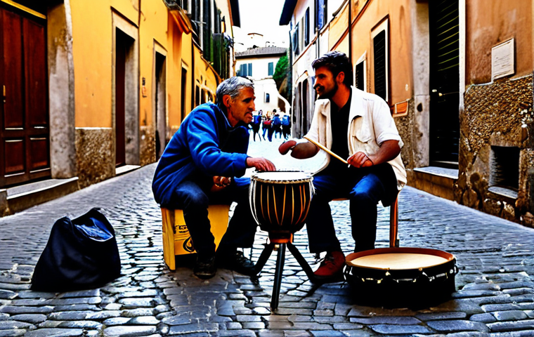 Street Performance in Trastevere**

"A group of street musicians in Trastevere, Rome, playing percussion instruments made from recycled materials, fully clothed in casual, appropriate attire, safe for work, family-friendly atmosphere, cobblestone street background, warm lighting, perfect anatomy, natural proportions, professional photography, high quality."

**