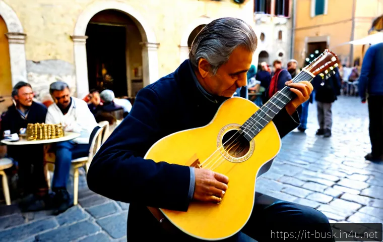 Home 14 거리공연을 위한 후원자 찾기 - Photorealistic street musician performing acoustic guitar in a sunlit Italian piazza, open instrumen...