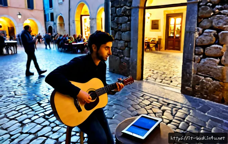 Home 15 거리공연을 위한 멀티미디어 활용 - Photorealistic street performance in a lively Italian piazza at blue hour, young musician playing ac...