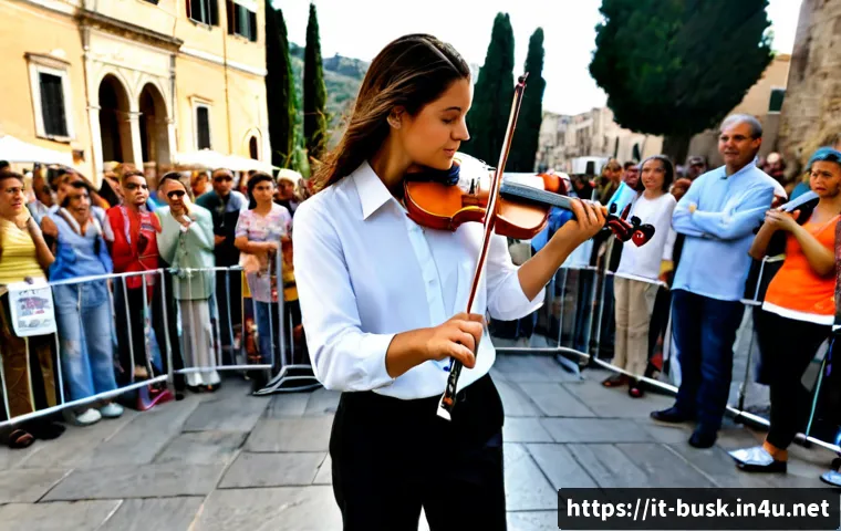 Home 16 거리공연에서의 관객 안전 문제 - Photorealistic Italian pedestrian plaza during a daytime street music performance, a violinist playi...