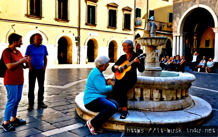 Home 17 거리공연과 다양한 세대의 소통 - Photorealistic street performance in a sunlit Italian piazza, an acoustic guitarist and violinist pl...