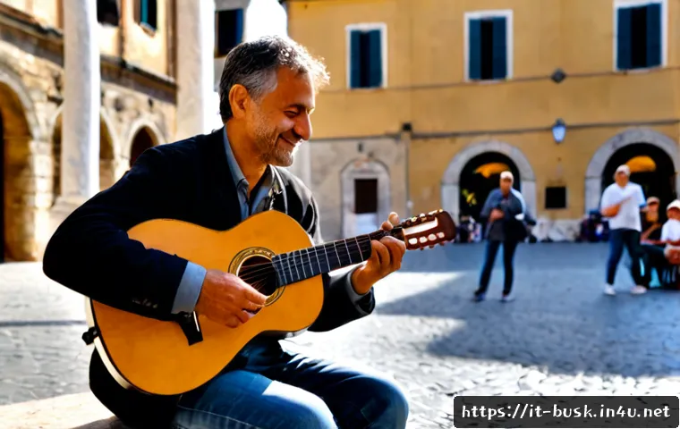 거리공연을 위한 후원금 모금 방법 - Photorealistic Italian street musician performing with an acoustic guitar in a sunny Roman piazza, a...